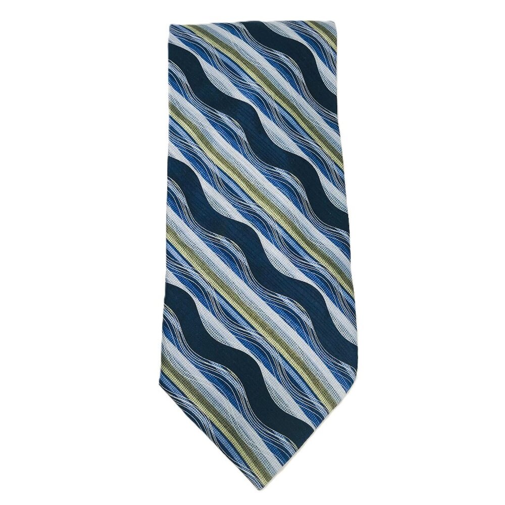 Giorgio Bissoni 100% Silk Necktie Wavy Blue Silver Gold Stripes
